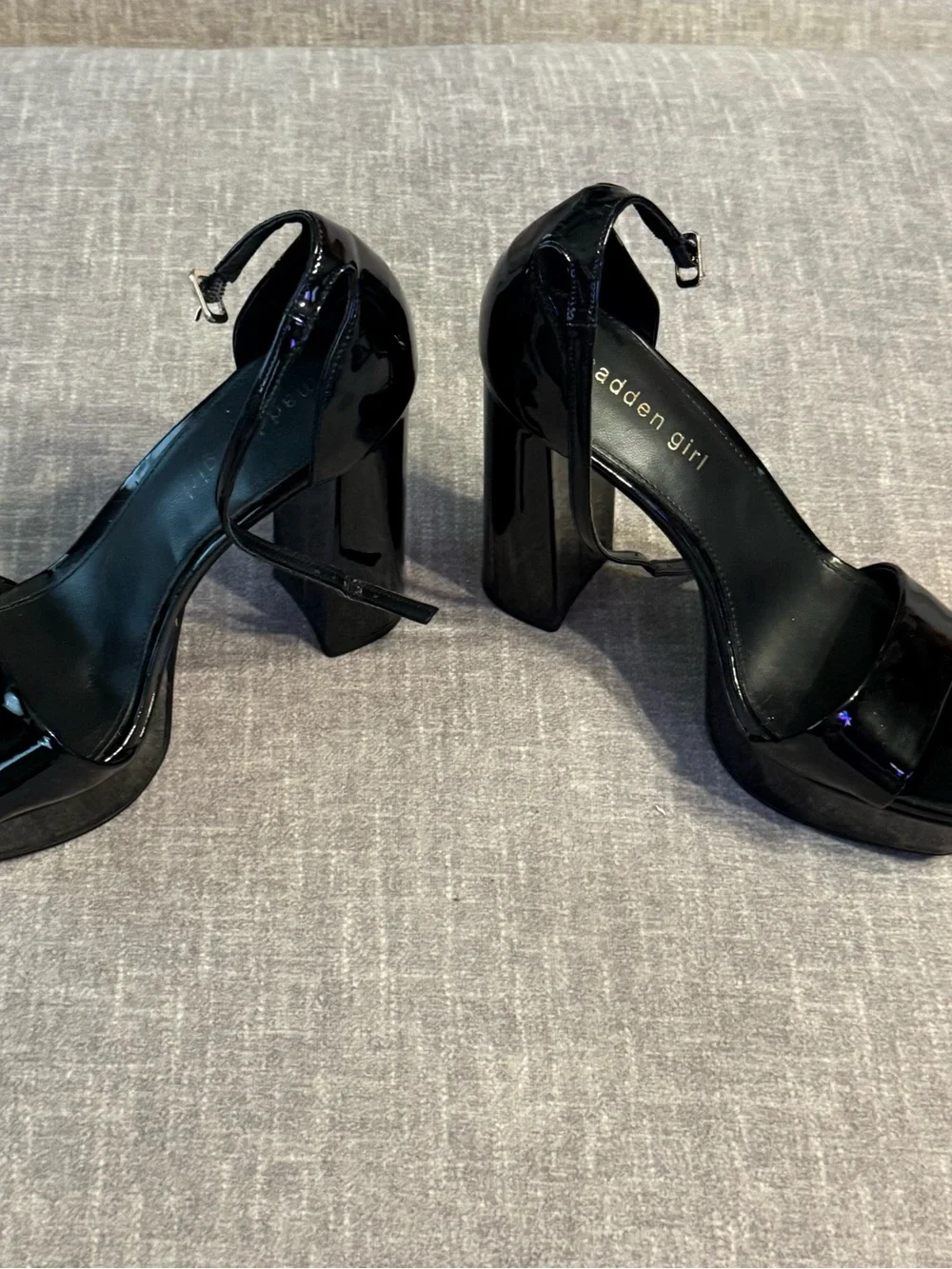 Madden Girl Black Patent Ankle-Strap Block Heels